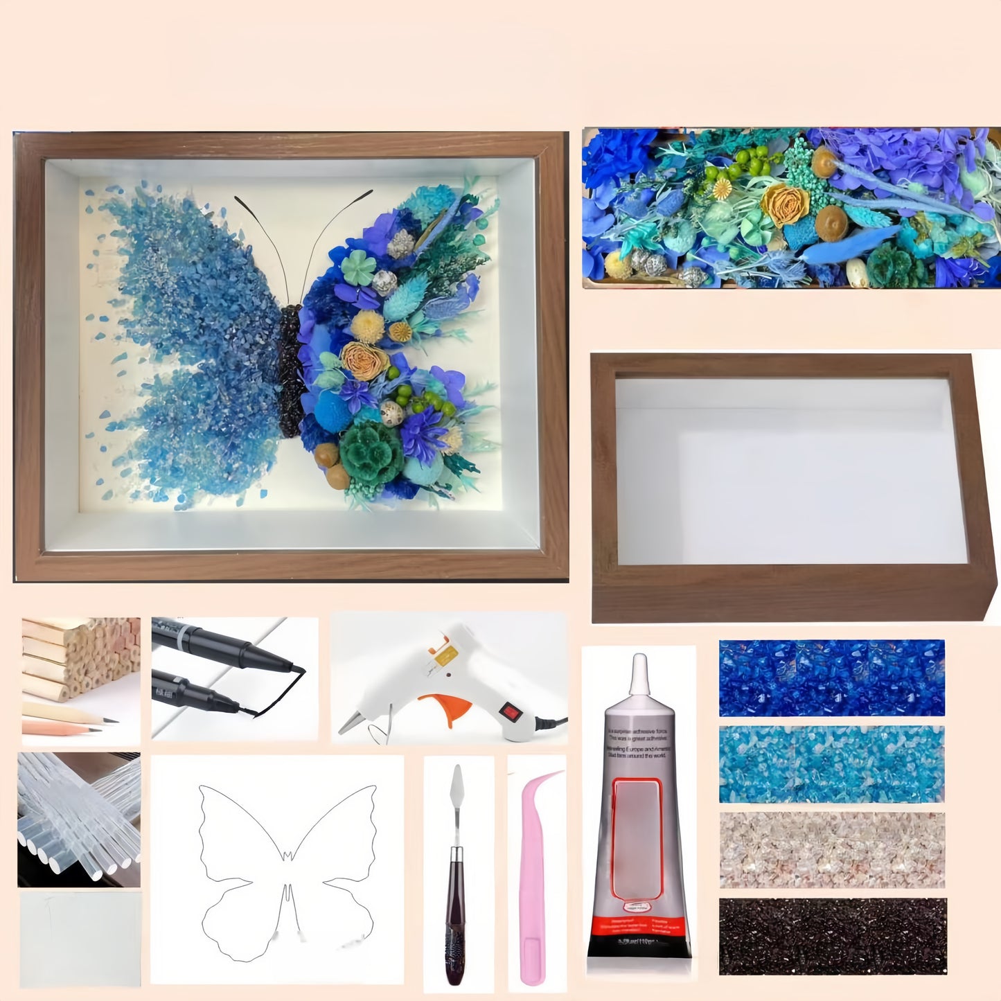 Blue Butterfly Dried Flower DIY Kit – “Ocean Blue” Crystal Edition
