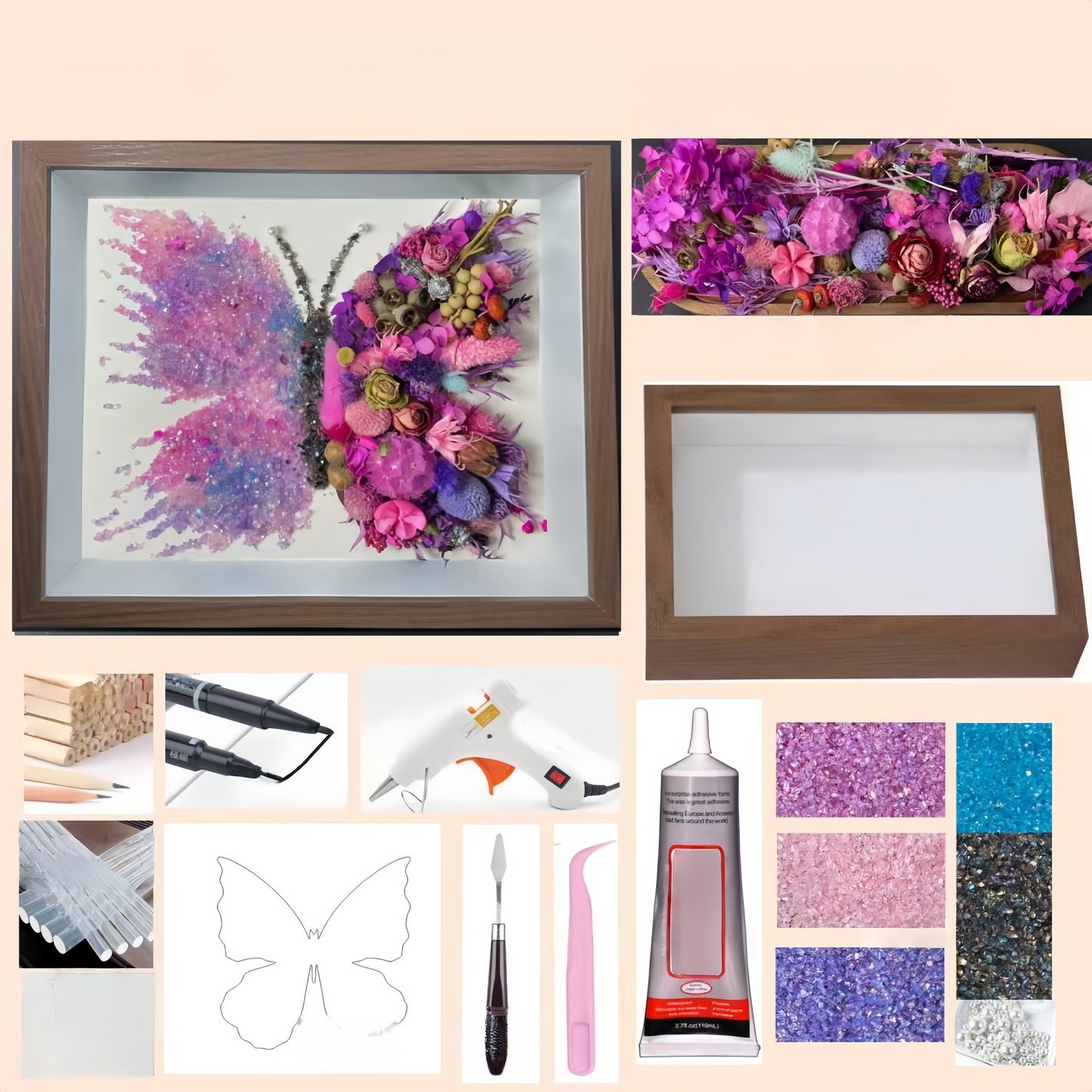 Pink Butterfly Dried Flower DIY Kit – “Cherry Blossom Crystal” Edition